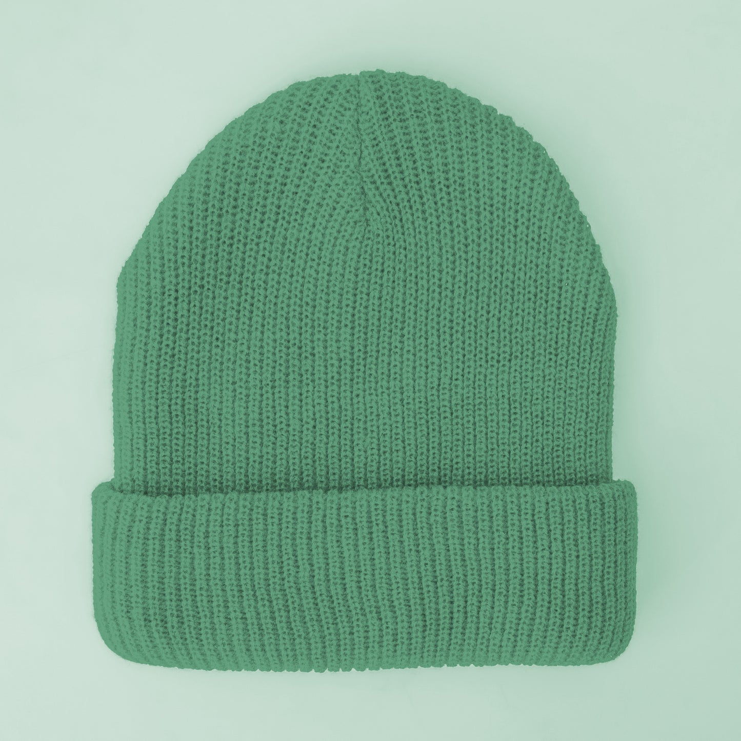 A jade colored knit beanie sits on a mint green ground.
