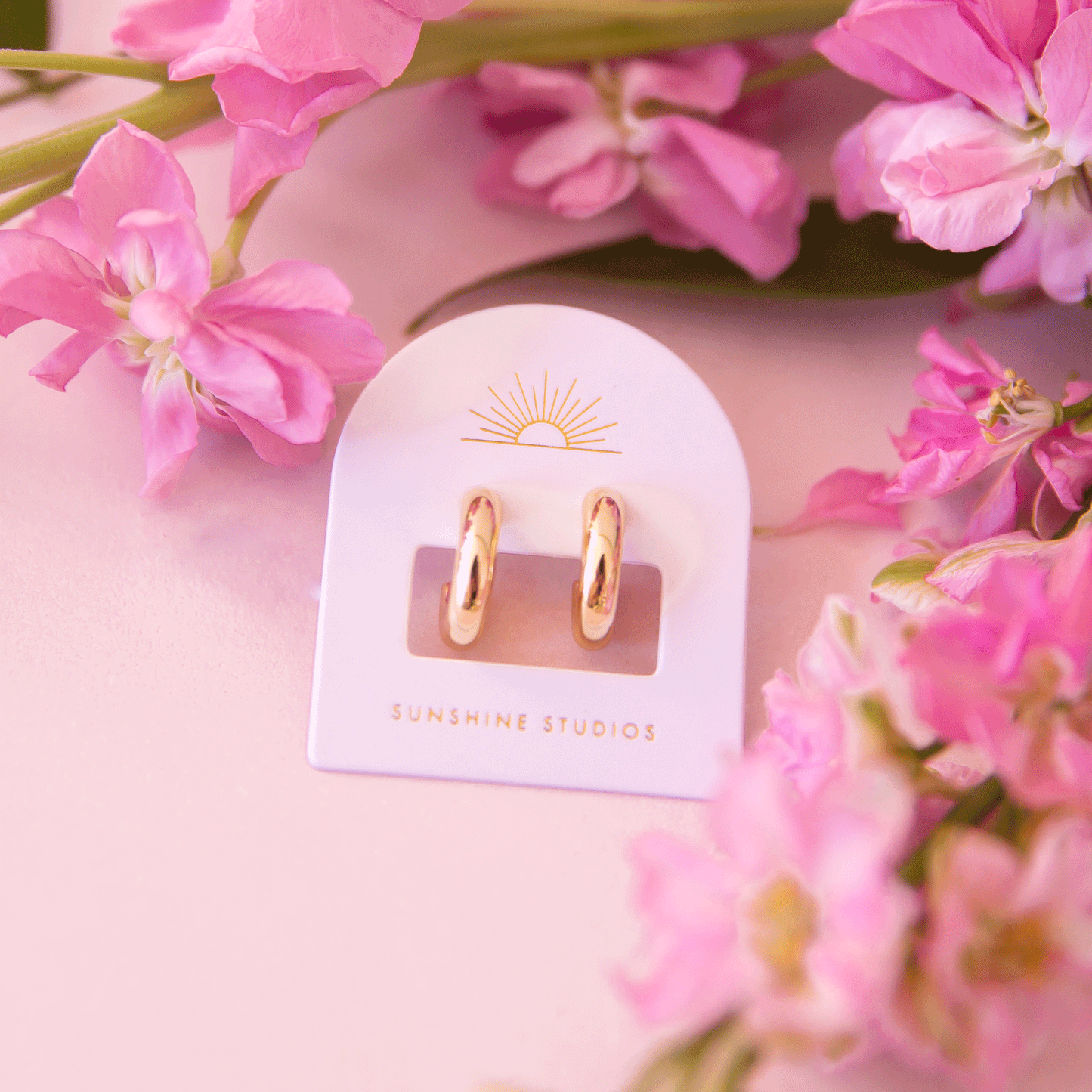 On a pink background is a pair of chunky gold hoop earrings on their arched packaging with a sun ray logo at the top and gold text at the bottom that reads, "Sunshine Studios".