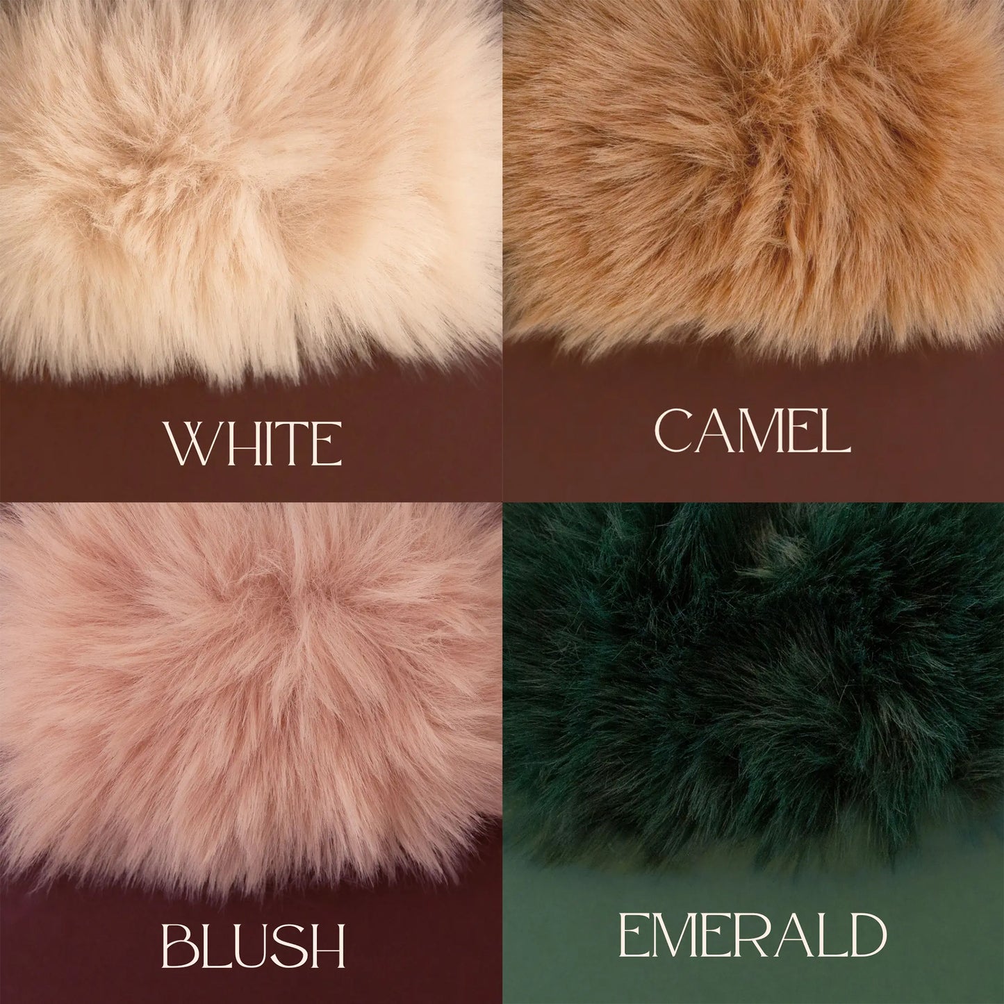 A photo of all four faux fur bestie blankets in the color options, white, camel, blush and emerald.