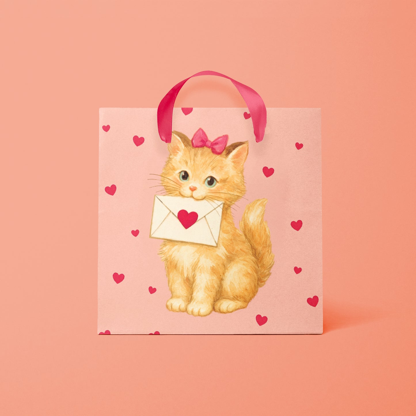 A pink gift bag with a kitten graphic holding a valentine's day envelope in its mouth.