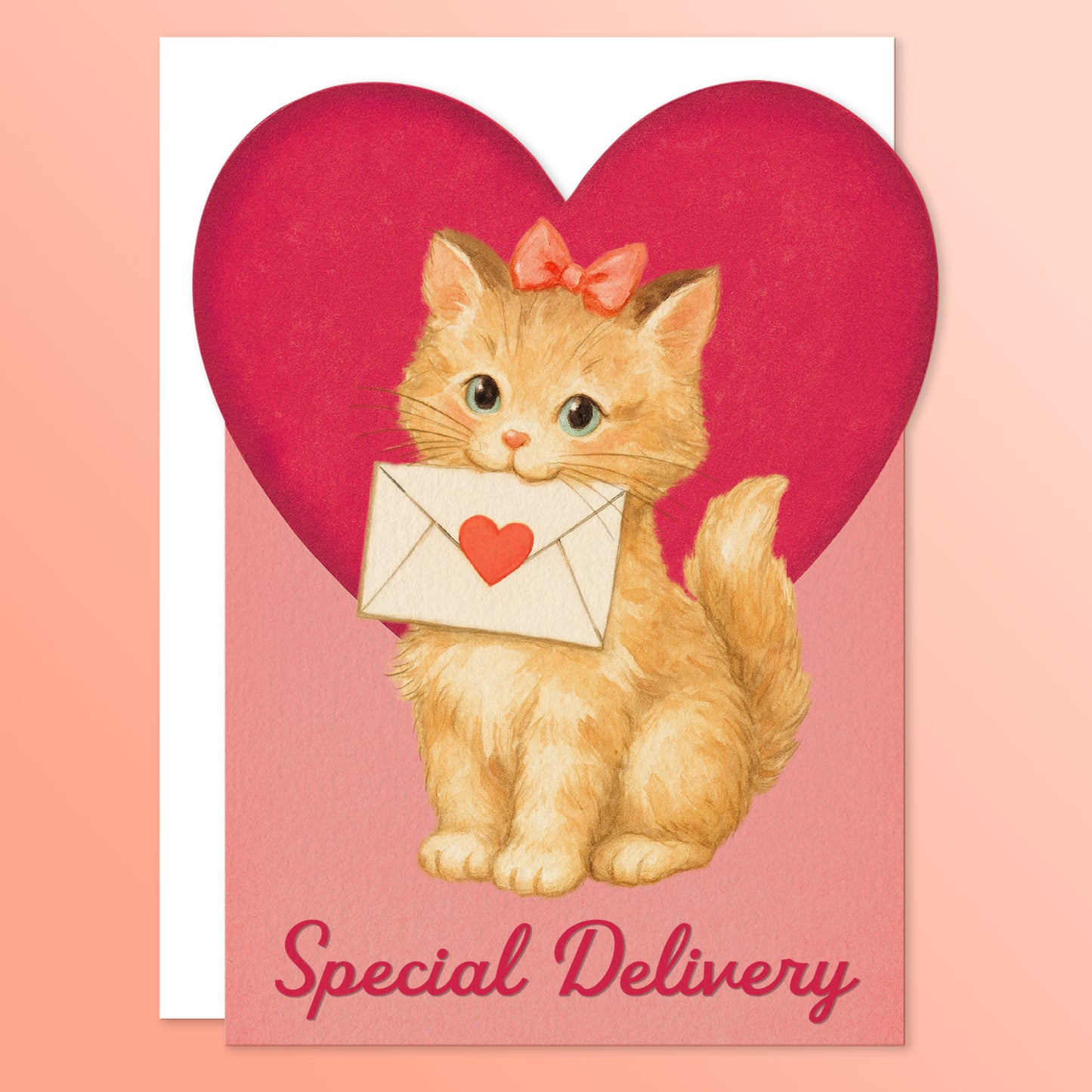 Greeting card with a red heart and an orange kitten holding an envelope in its mouth. The cat is delivering a love note. The card reads "Special Delivery".