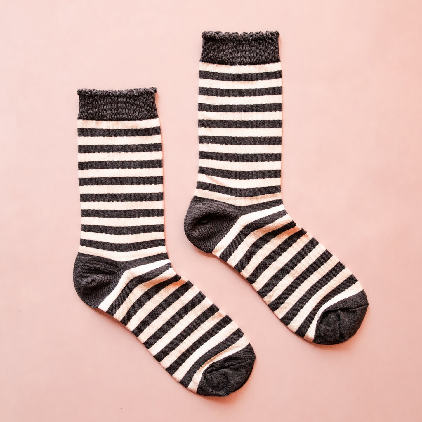 Black and white striped crew socks.
