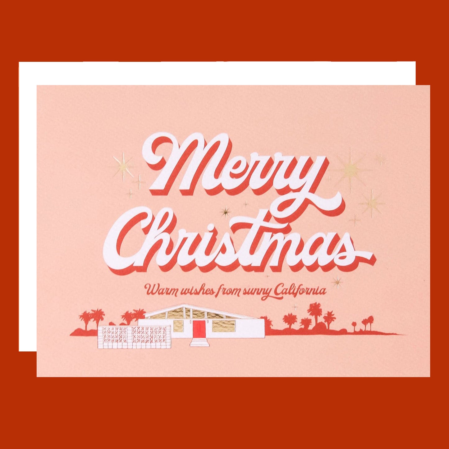 A peachy card with a graphic of a midcentury home and text that reads, 'Merry Christmas Warm wishes from sunny California'.