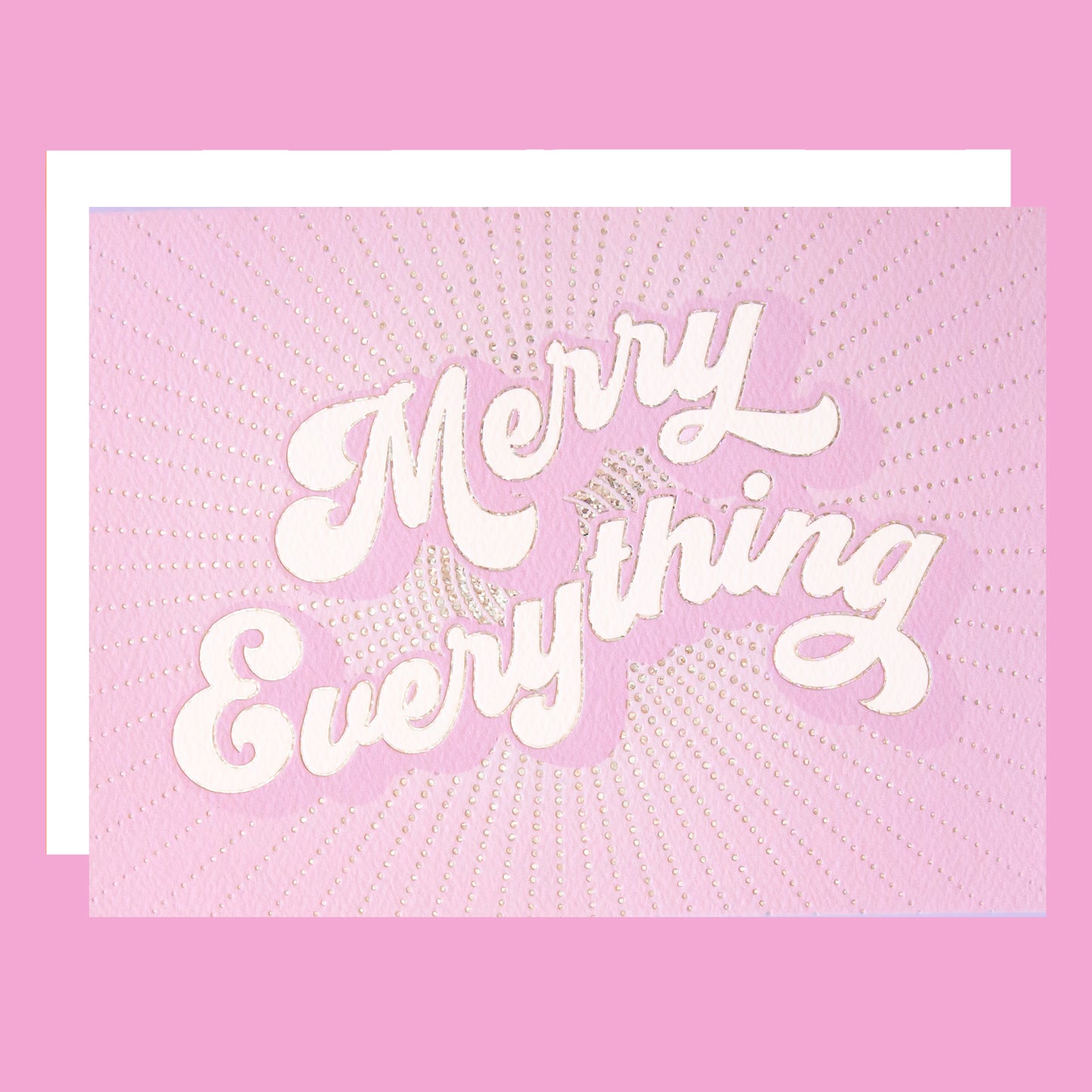 purple greeting card with white text that reads, "Merry Everything" along with a white envelope.