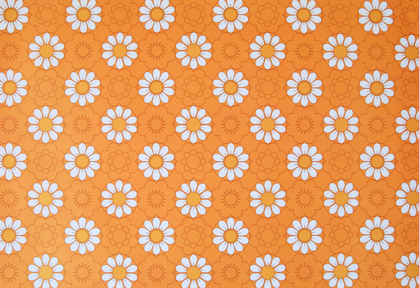 A single sheet of gift wrap with reversible sides. One side features a daisy print on a mustard yellow background while the other side features the same print on an orange background.