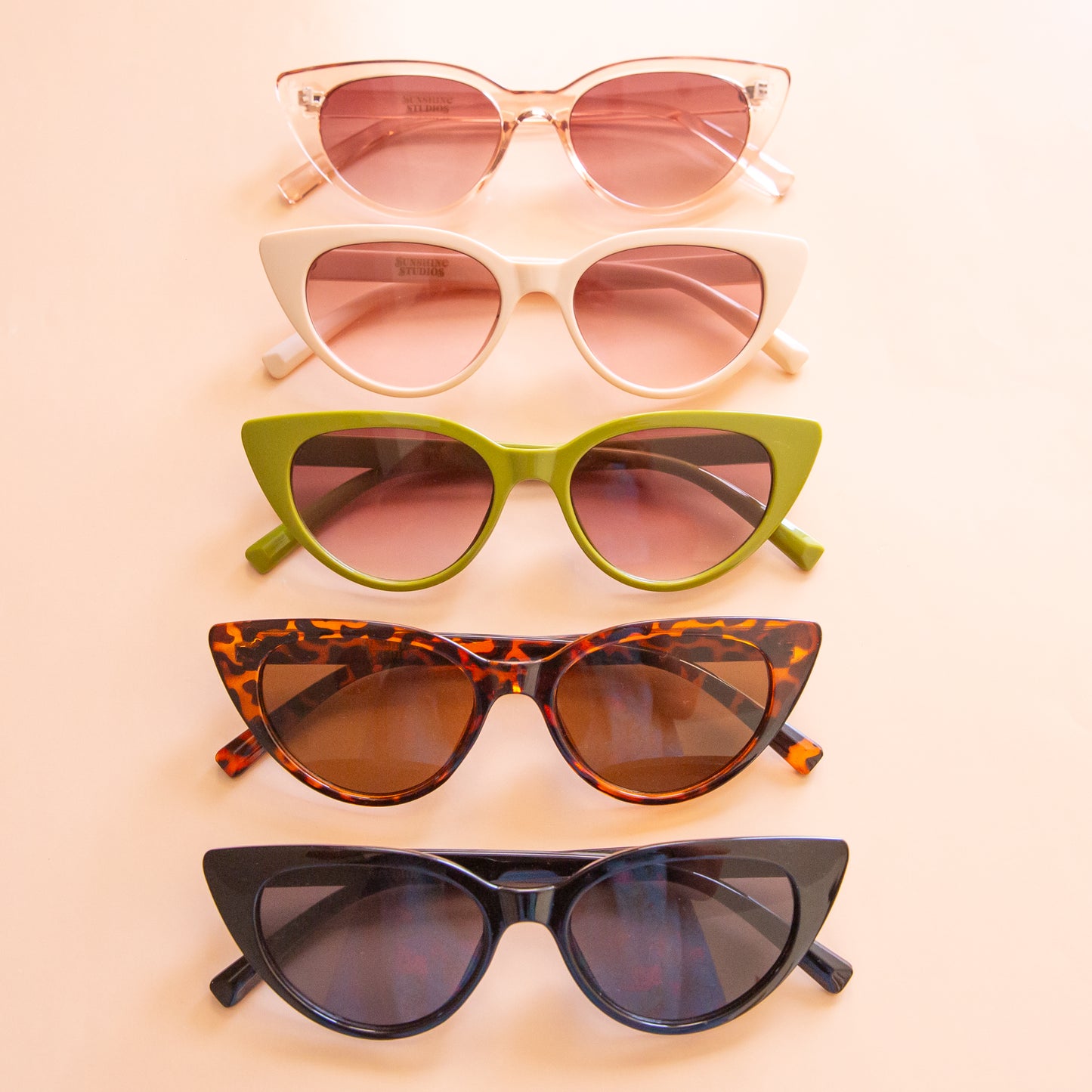 All the colorways of the Frenchie sunglasses lined up in a photo.  