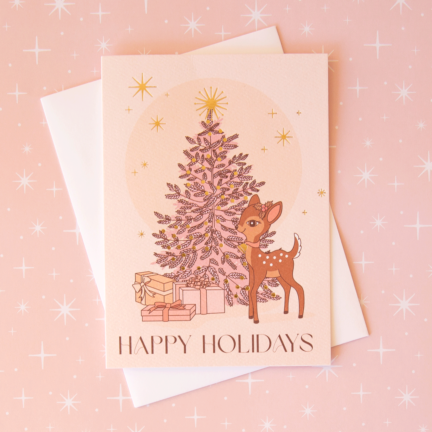 Happy Holidays Tree with Retro Deer | Gold Foil