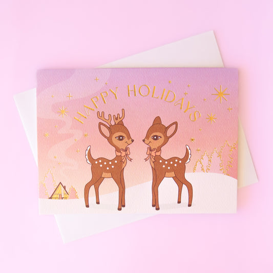 Happy Holidays Retro Deer Greeting Card | Gold Foil