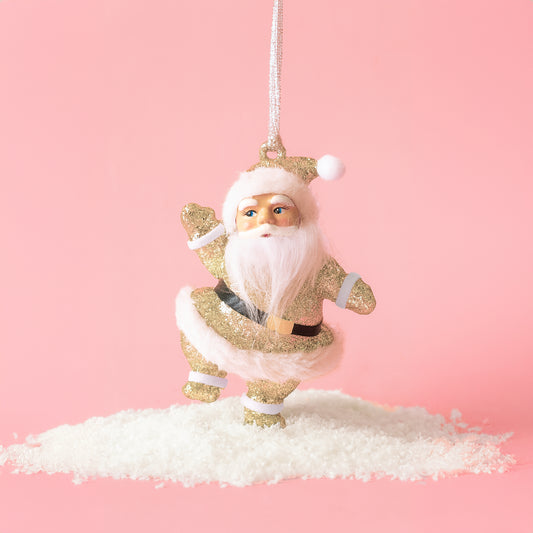 Retro Glitter Dancing Santa Ornament | Gold Sparkle