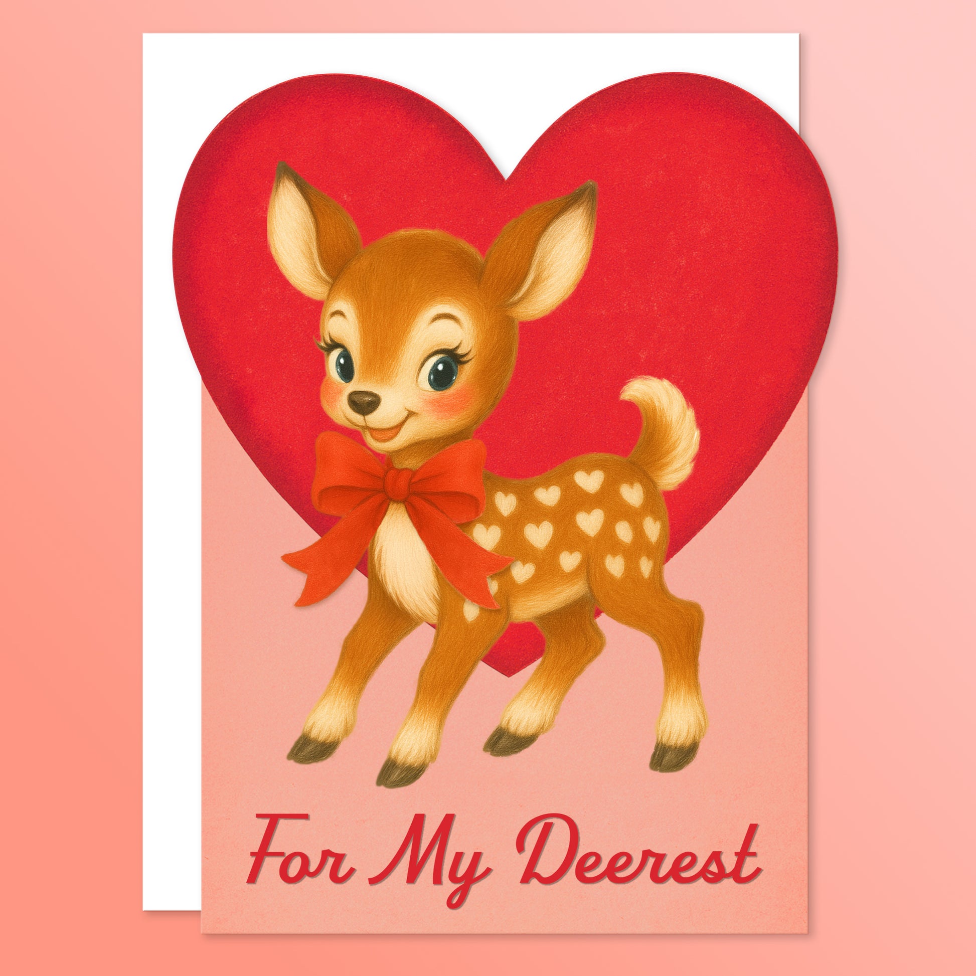 Greeting card with a red heart and a brown retro deer with heart spots and a red bow around its neck. The card reads "For My Deerest". 