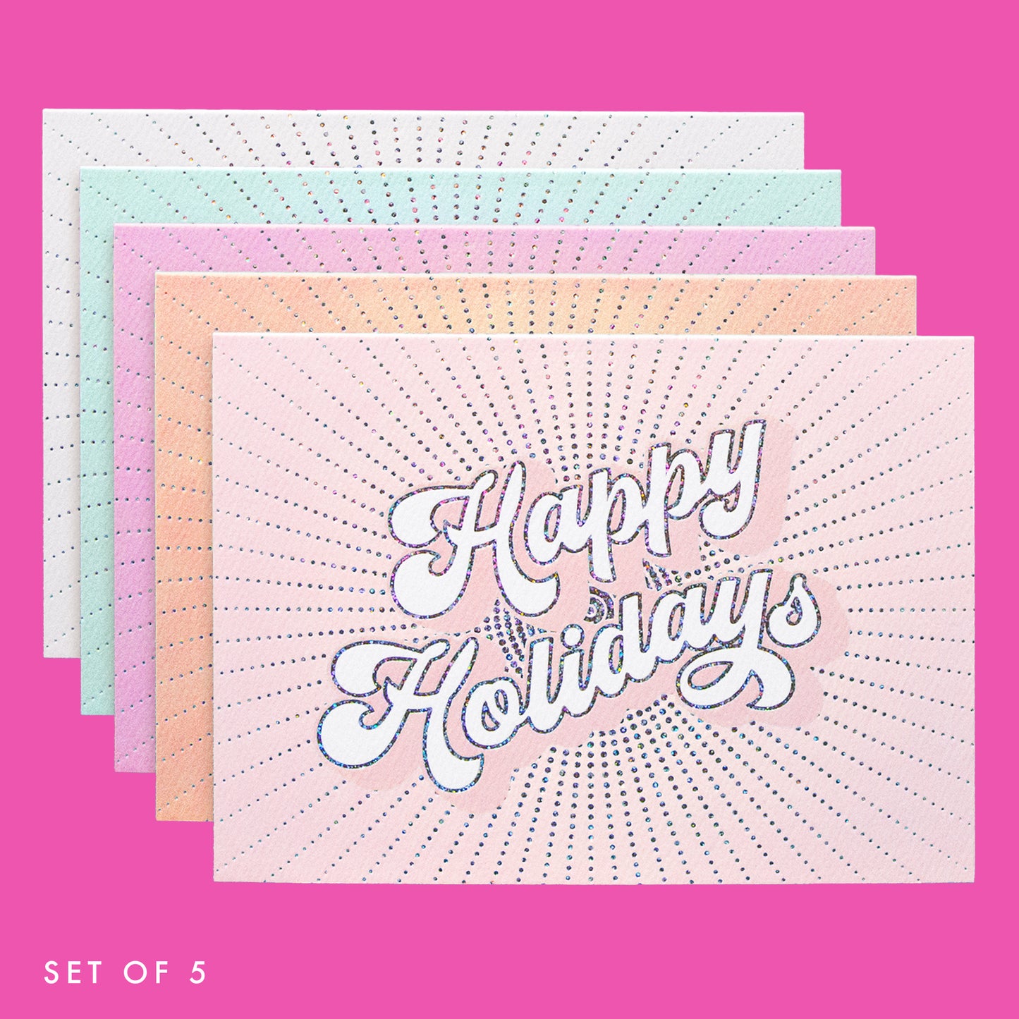 a 5 pack of holiday greeting cards in shades of pink, ivory, blue, orange and hot pink. 