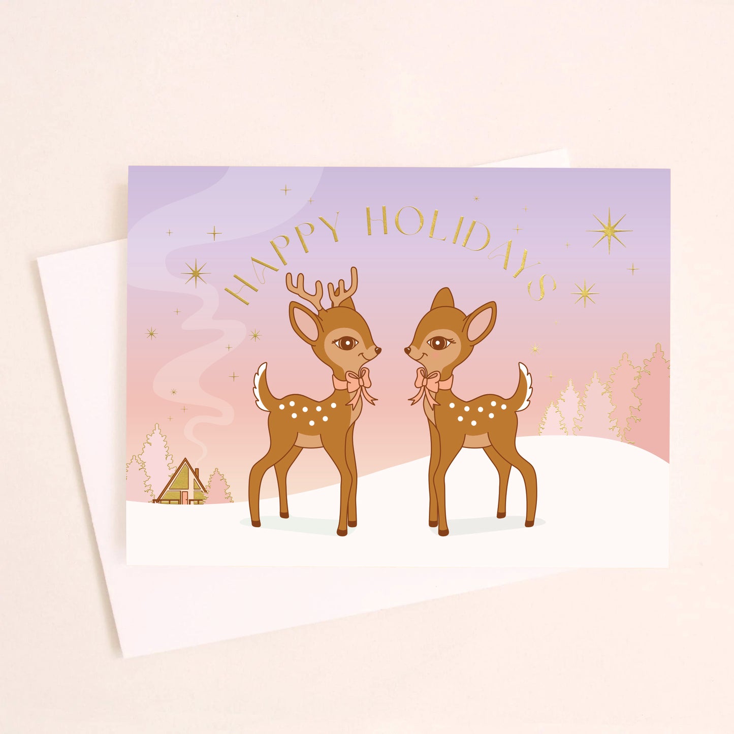 Happy Holidays Retro Deer Greeting Card | Gold Foil