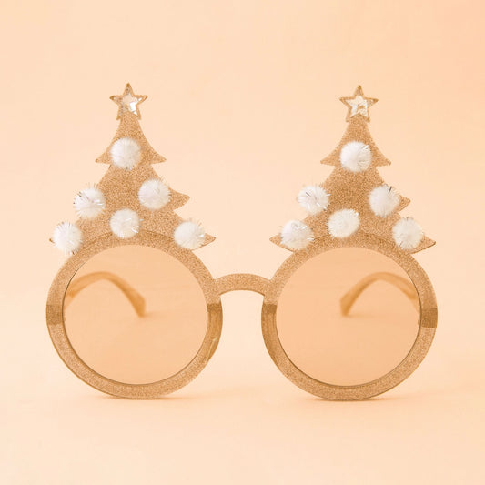 A pair of gold tree shaped sparkle glasses. 