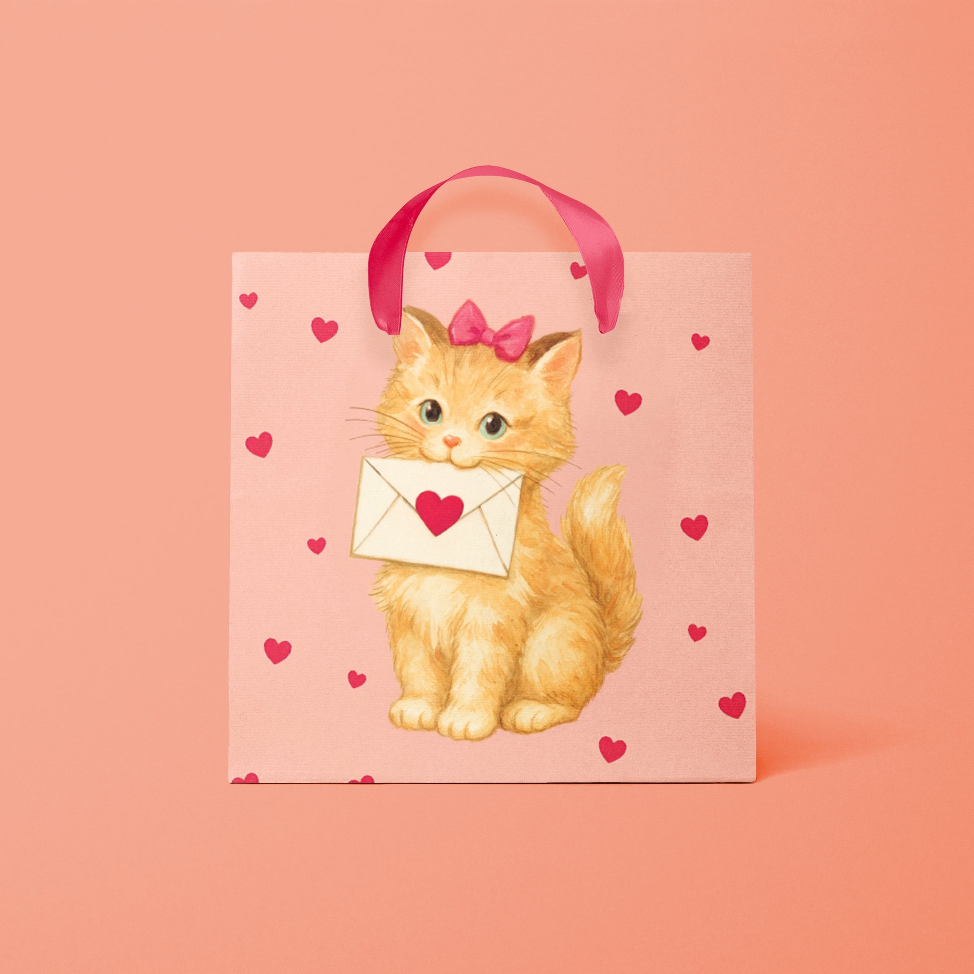 A pink gift bag with a kitten graphic holding a valentine's day envelope in its mouth. 