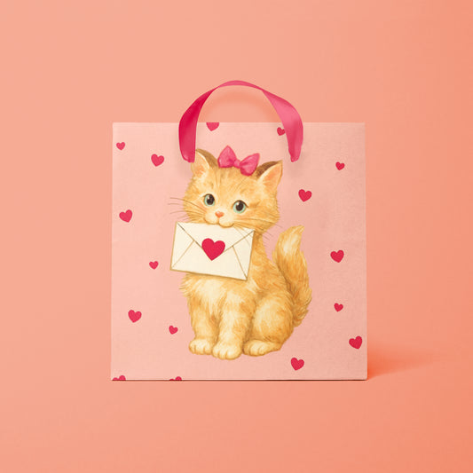 A pink gift bag with a kitten graphic holding a valentine's day envelope in its mouth. 