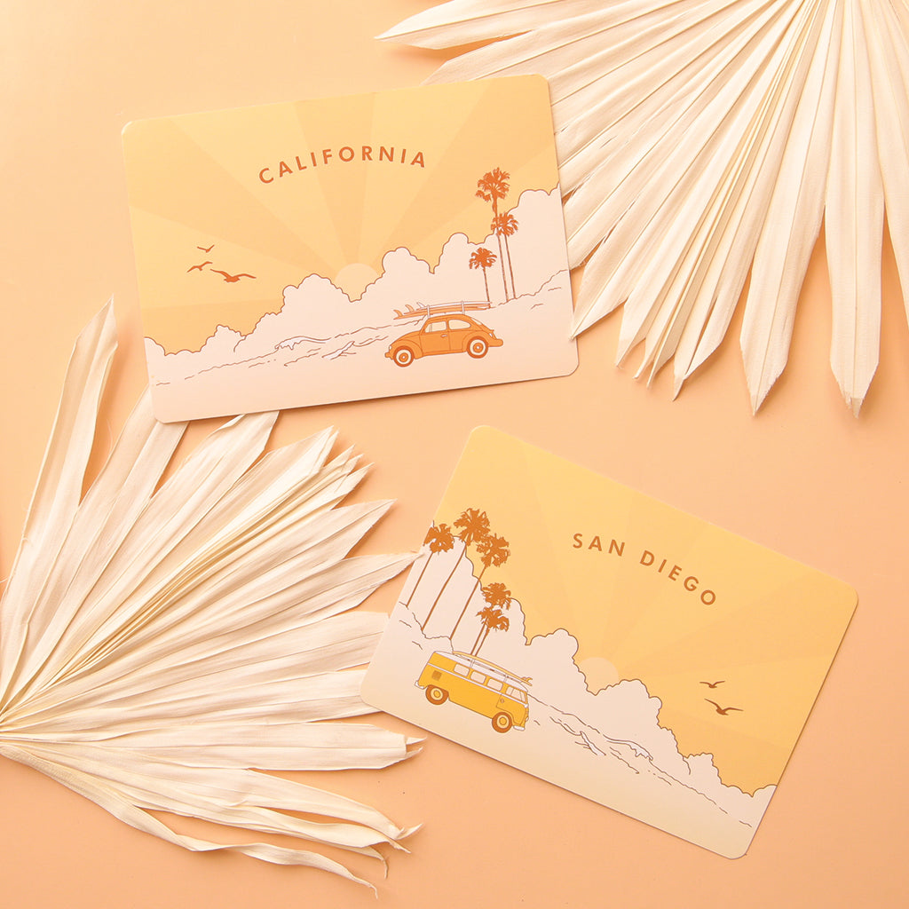 two postcards lie on a peach ground with white dried palms. one says california and the other says san diego