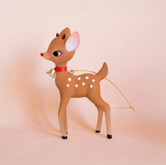 A brown retro deer ornament with a red nose. 