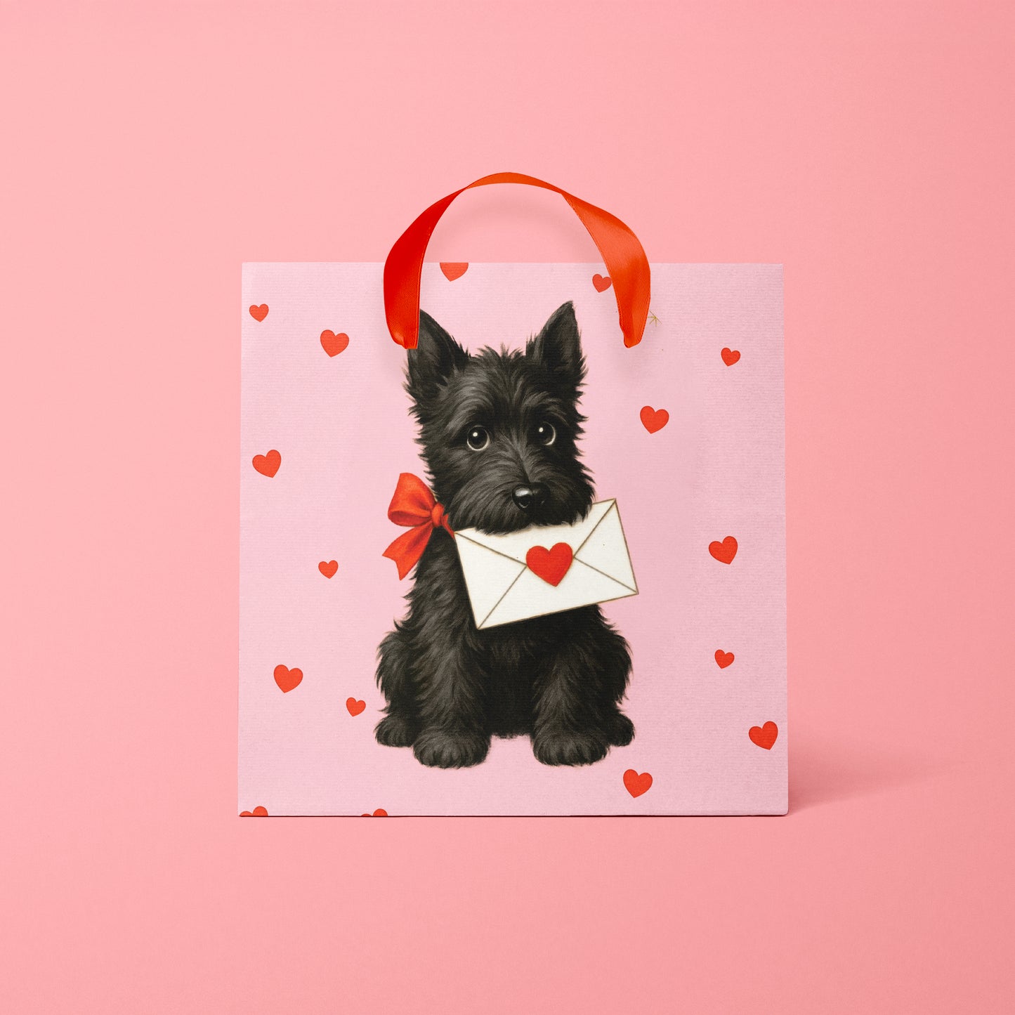 A pink gift bag with red ribbons as handles and a black scottie dog graphic holding an envelope with a red heart. 