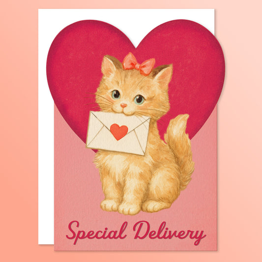 Greeting card with a red heart and an orange kitten holding an envelope in its mouth. The cat is delivering a love note. The card reads "Special Delivery". 