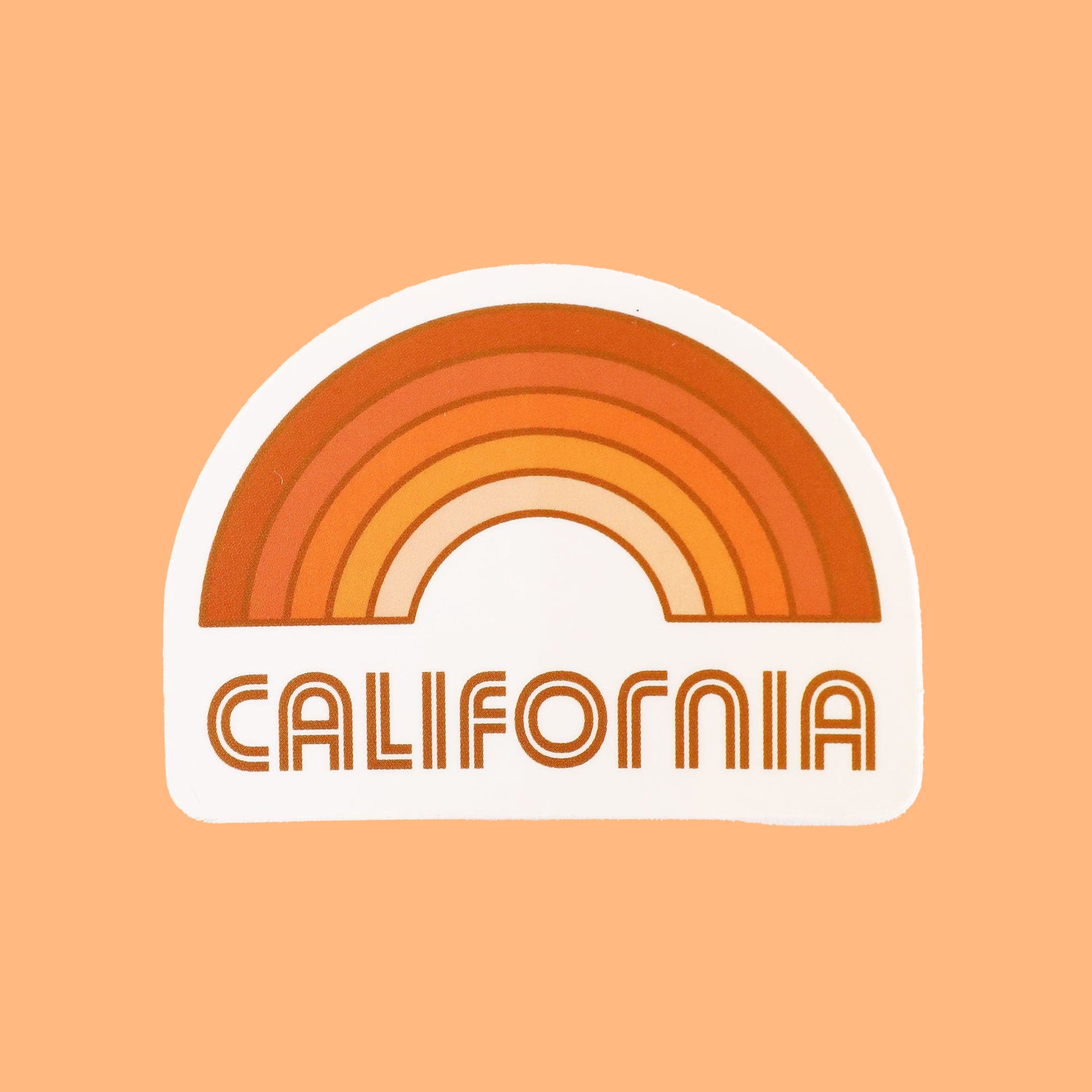 A rainbow sticker made up of different shades of orange and "California" written in orange letters on the bottom underneath the rainbow graphic.