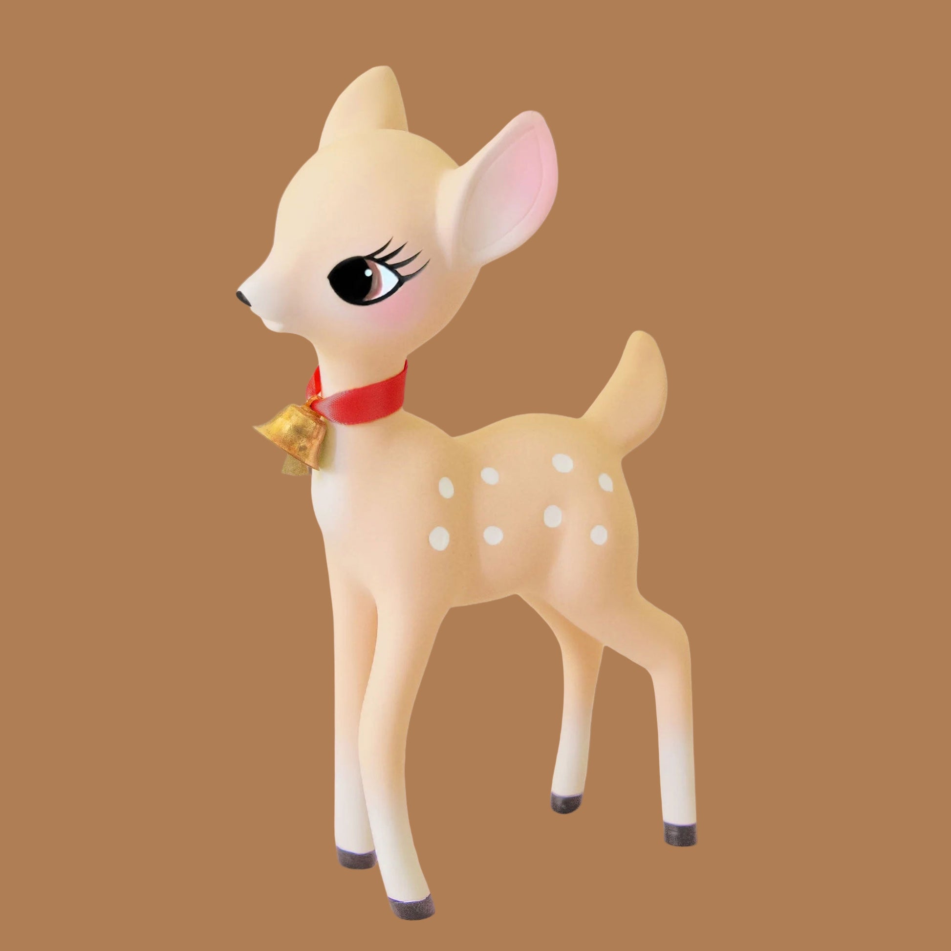 A light tan retro deer figurine with a red collar and bell. 