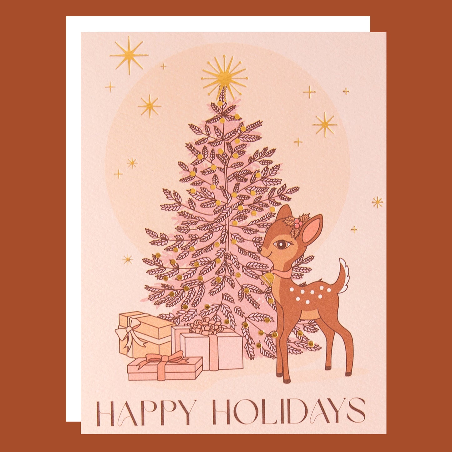"Happy Holidays" on a card with a tree and retro deer illustration. 