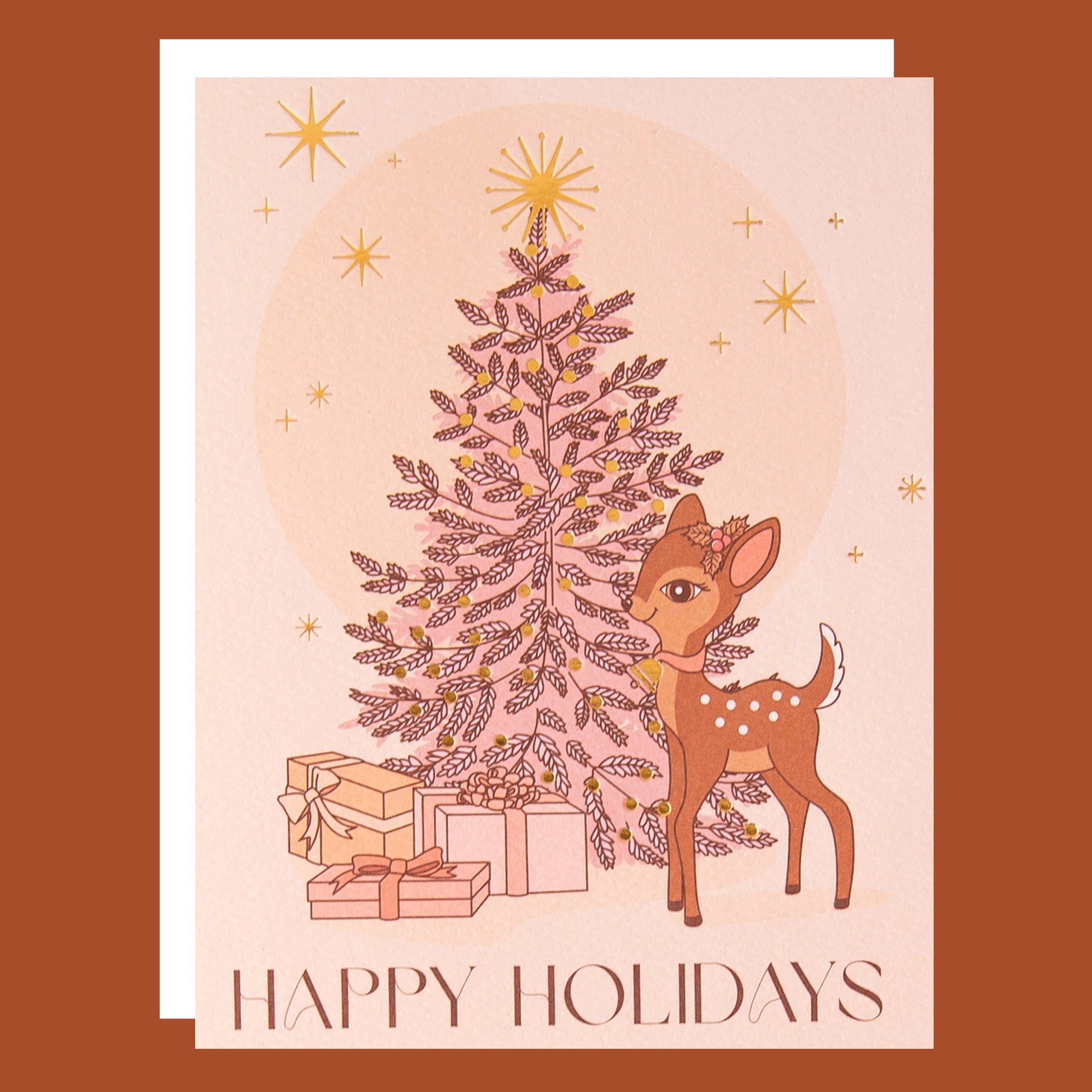 "Happy Holidays" on a card with a tree and retro deer illustration. 