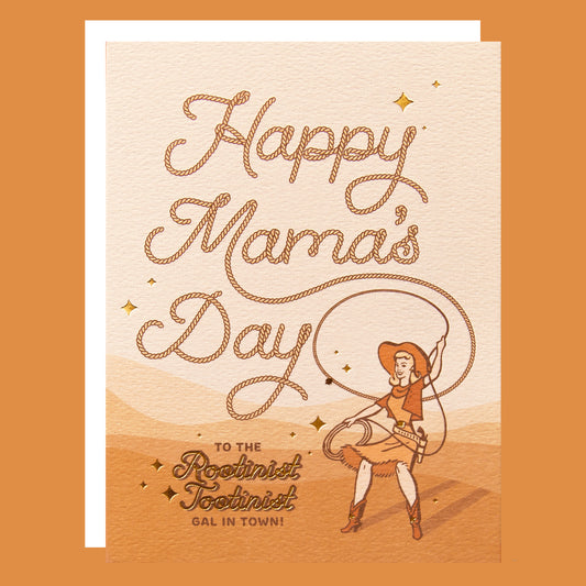 Card with 'Happy Mama's Day' text and a graphic of a woman with a lasso on an orange background