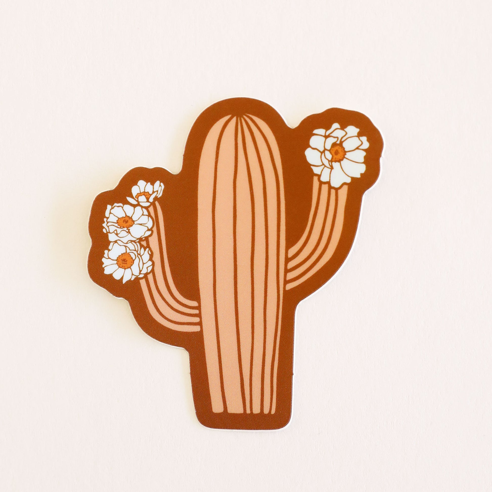 A salmon pink cactus stickers with cactus flowers on each arm.