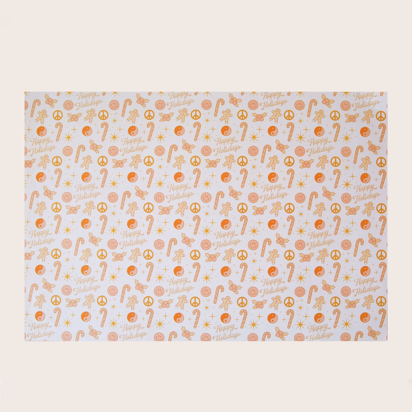 A single sheet of gift wrap with a festive print including gingerbread men, peace signs, candy canes, holly, smiley faces, and dainty "Happy Holidays". The gift wrap is reversible and the side with the print is on a white background while the symbols are shades of pink and orange and the reversible side features a salmon color background and various white stars and twinkle symbols.