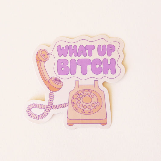 On a cream background is a vinyl sticker of an old school pink phone with a speech bubble coming out of the phone that reads, "What Up Bitch" in purple letters.